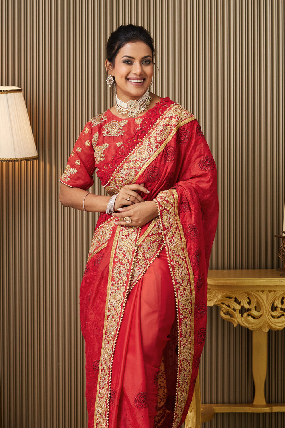 Red Embroidered Satin Saree With Blouse