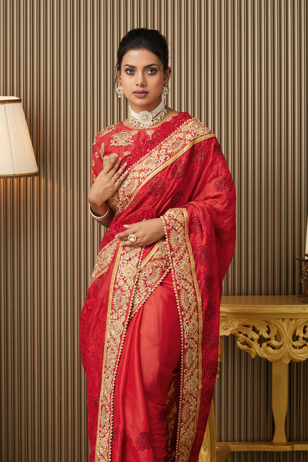 Red Embroidered Satin Saree With Blouse