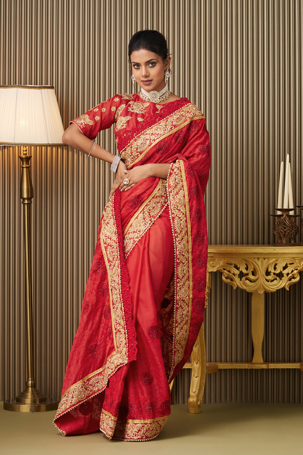 Red Embroidered Satin Saree With Blouse