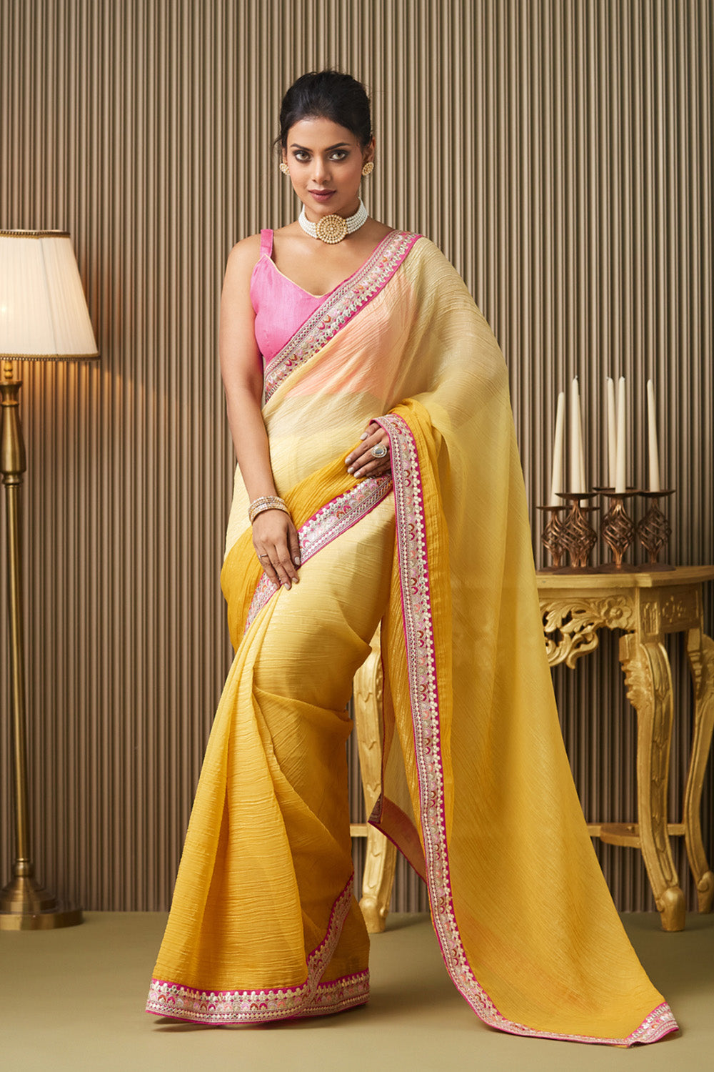 Yellow Gotta Patti Chiffon Saree With Blouse