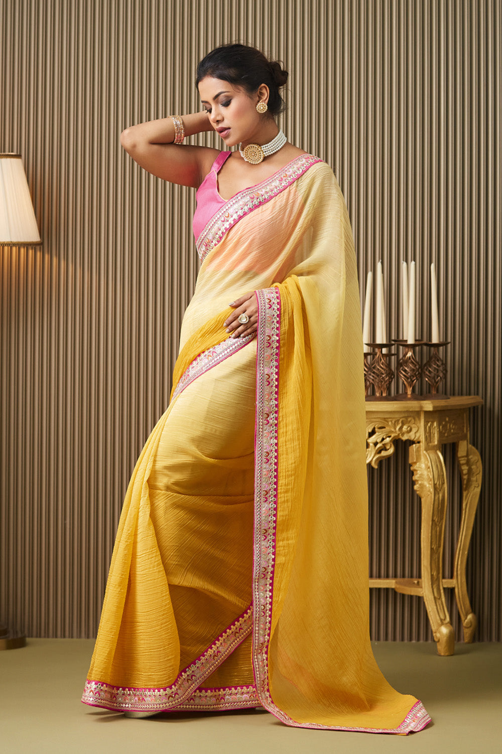 Yellow Gotta Patti Chiffon Saree With Blouse