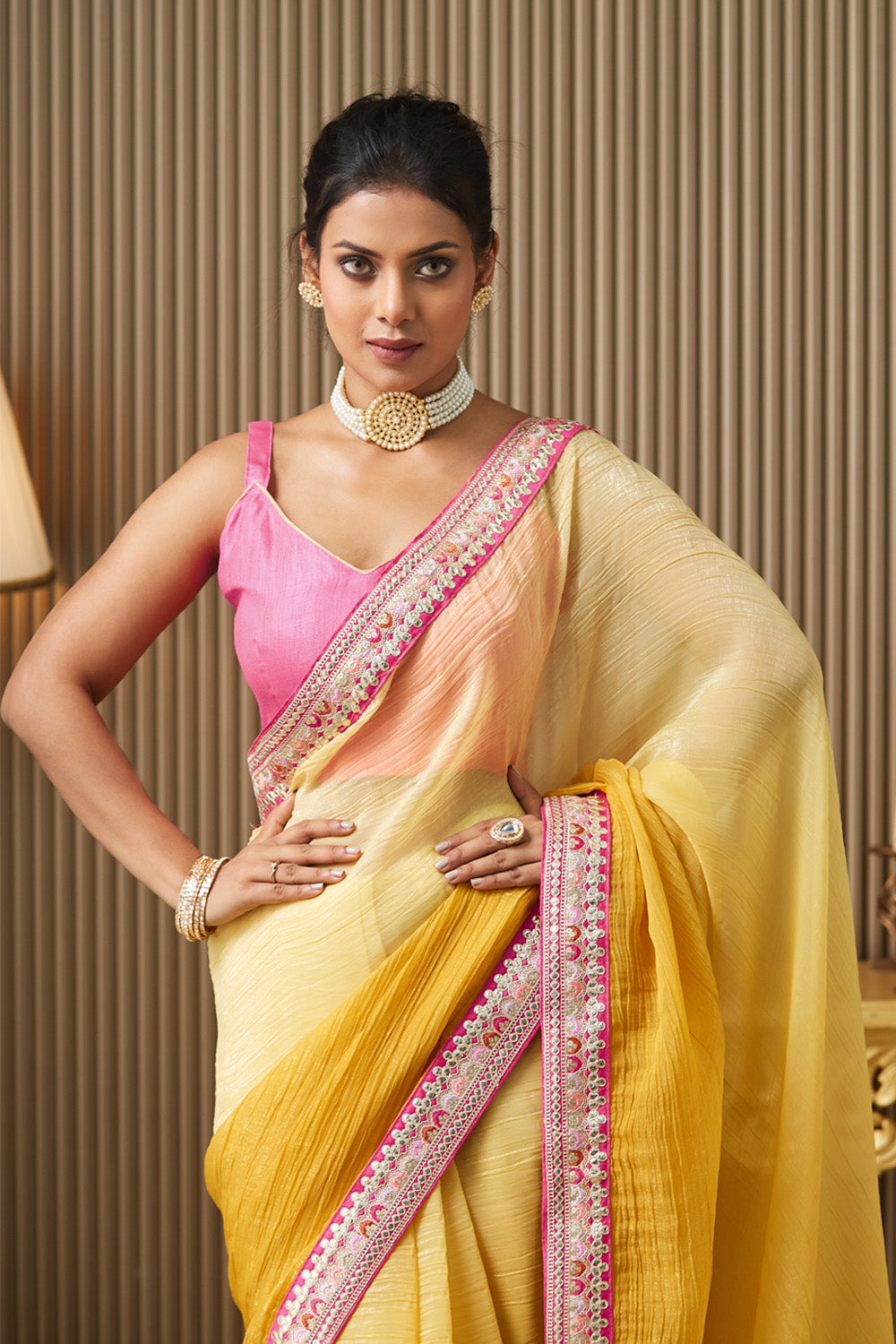 Yellow Gotta Patti Chiffon Saree With Blouse
