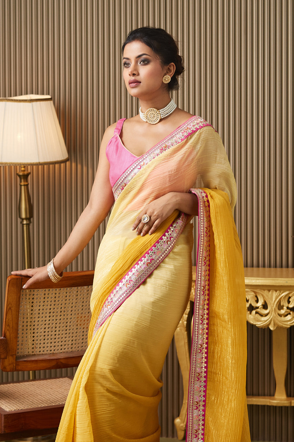 Yellow Gotta Patti Chiffon Saree With Blouse