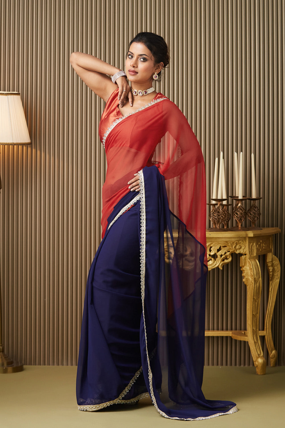 Blue Maroon Colorblocked Chiffon Saree With Blouse