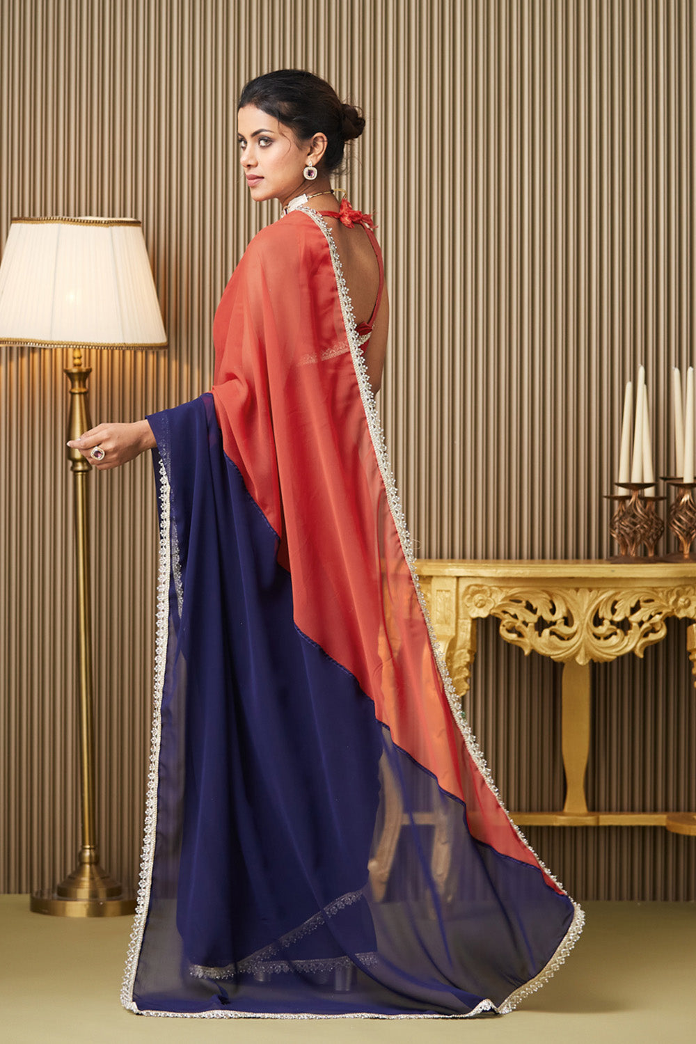 Blue Maroon Colorblocked Chiffon Saree With Blouse
