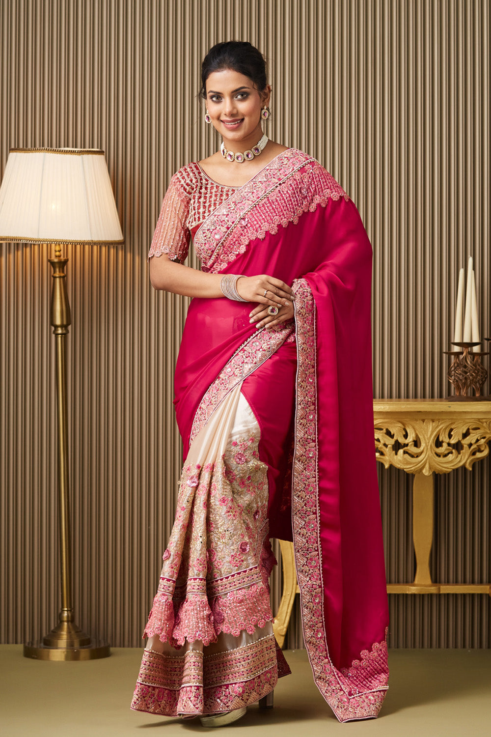 Pink Cream Embroidered Satin Saree With Blouse