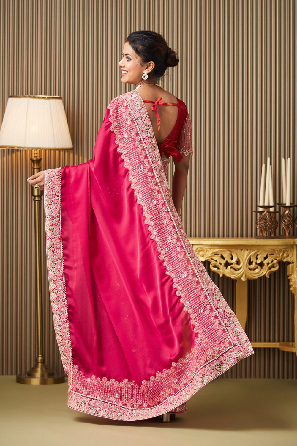 Pink Cream Embroidered Satin Saree With Blouse