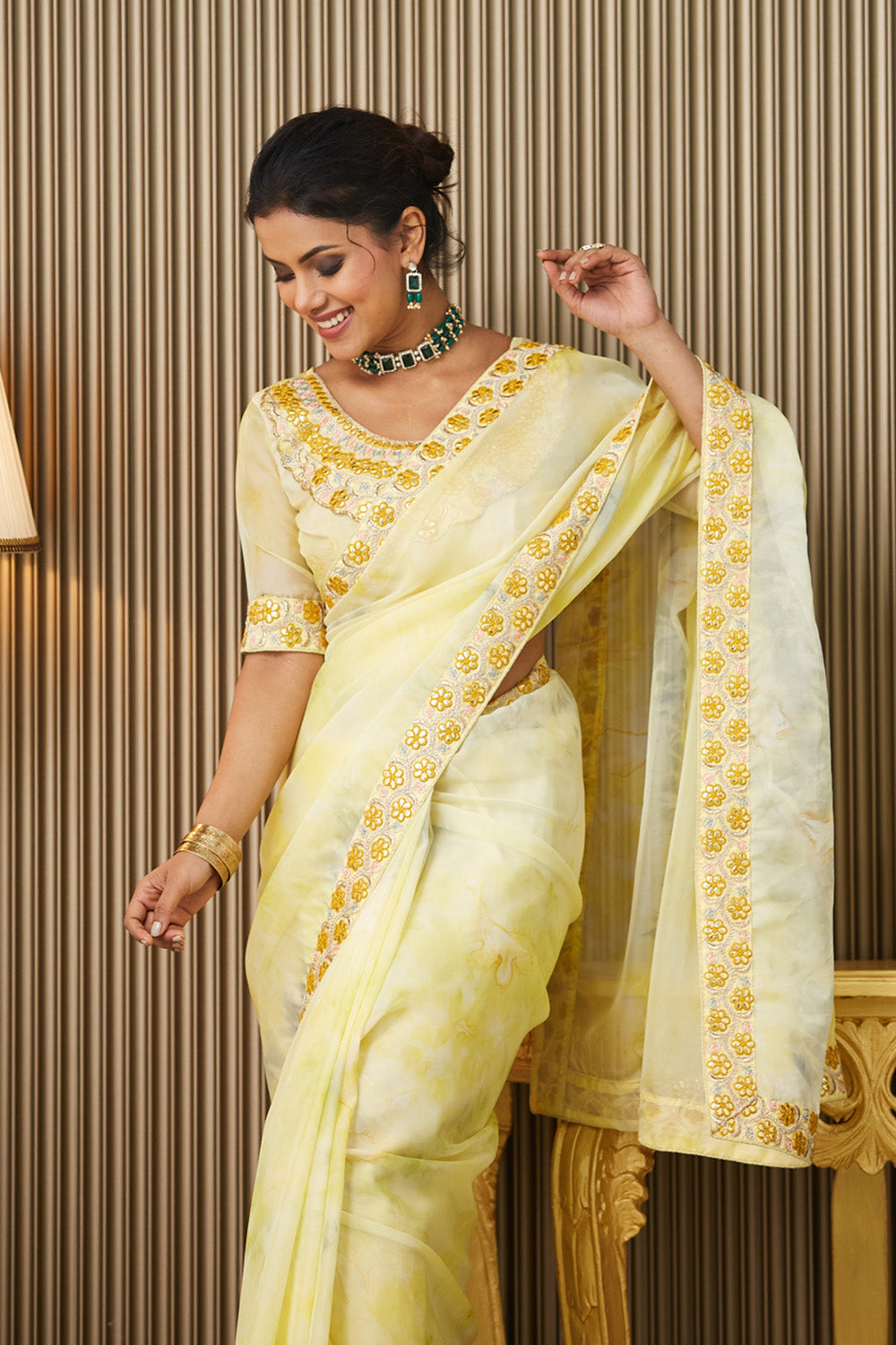 Yellow Embroidered Organza Saree With Blouse
