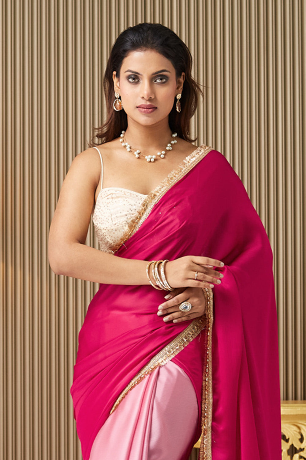 Pink Colorblocked Chiffon Saree With Blouse