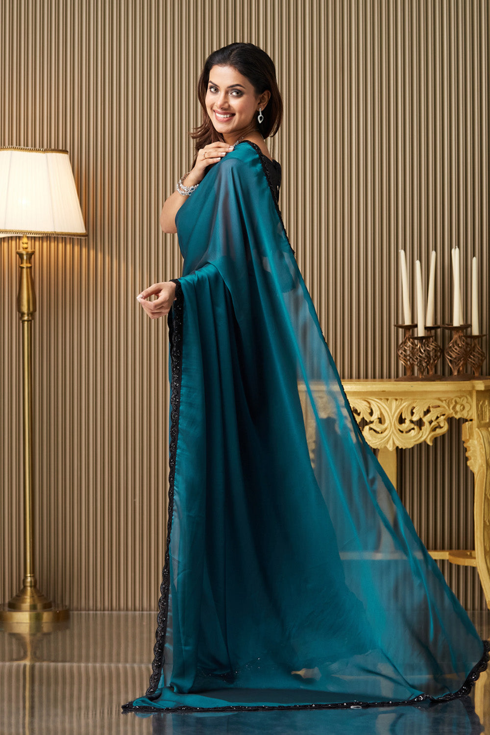 Teal Blue Georgette Saree With Blouse