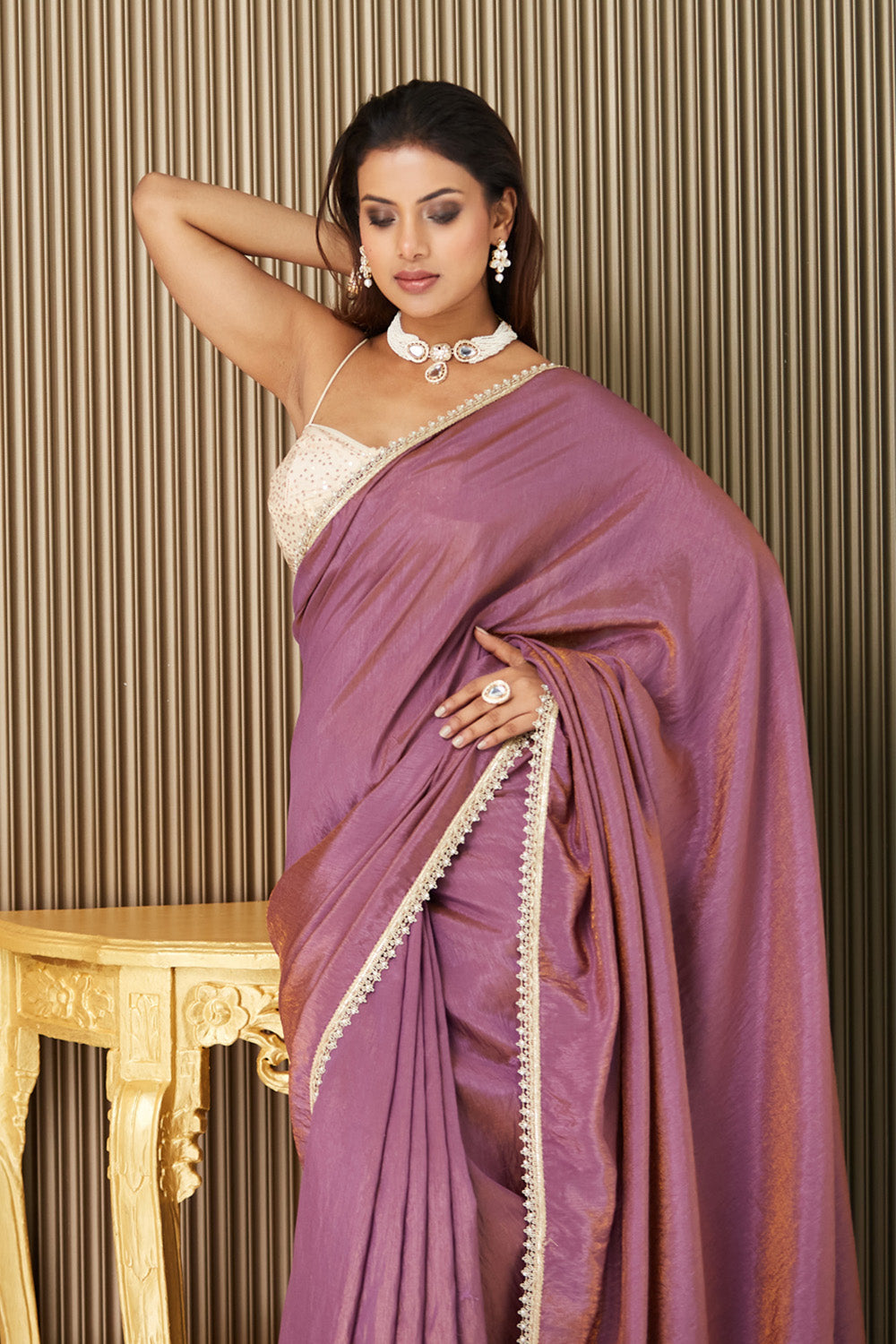 Lavender Satin Saree With Blouse