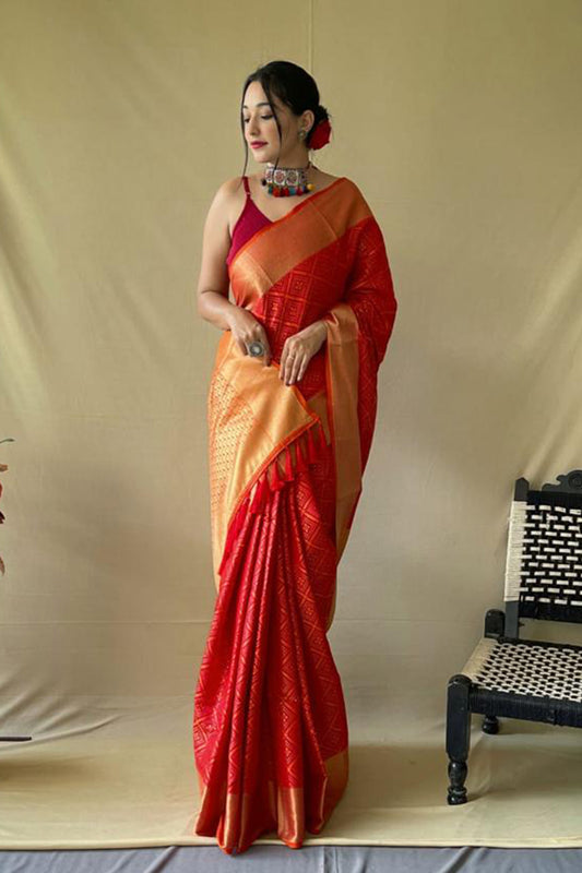 Pink Patola Saree Weaved With Tassels