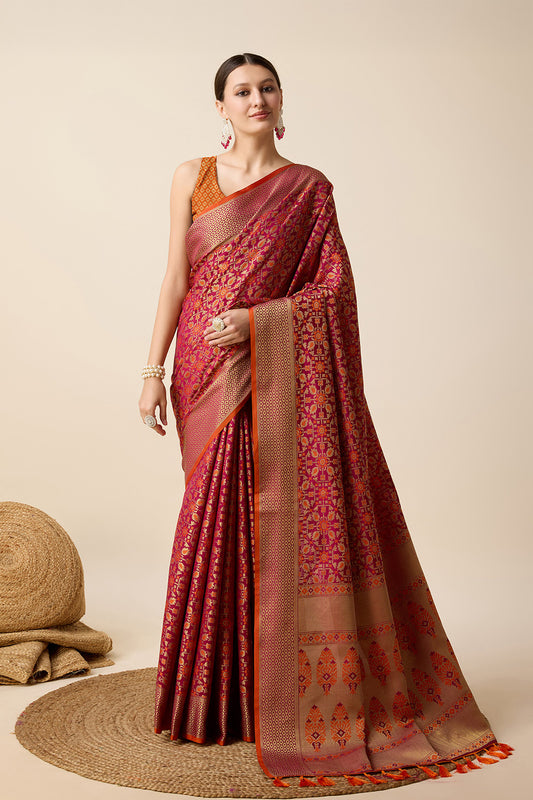 Red Patola Saree Weaved With Tassels