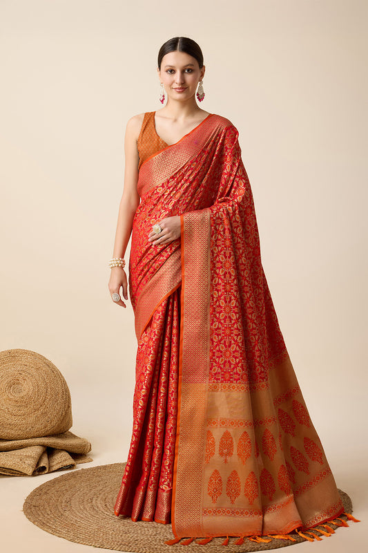 Red Patola Saree Weaved With Tassels
