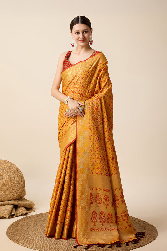 Yellow Patola Saree Weaved With Tassels
