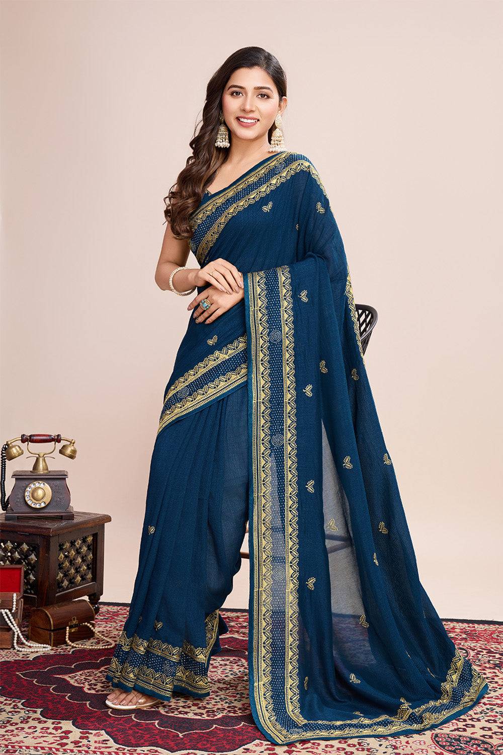 Blue Saree In Soft Pastel Color With Floral Embroidery