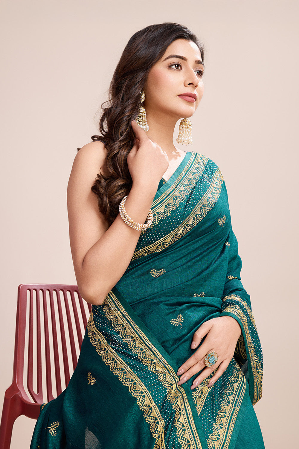 Green Saree In Soft Pastel Color With Floral Embroidery