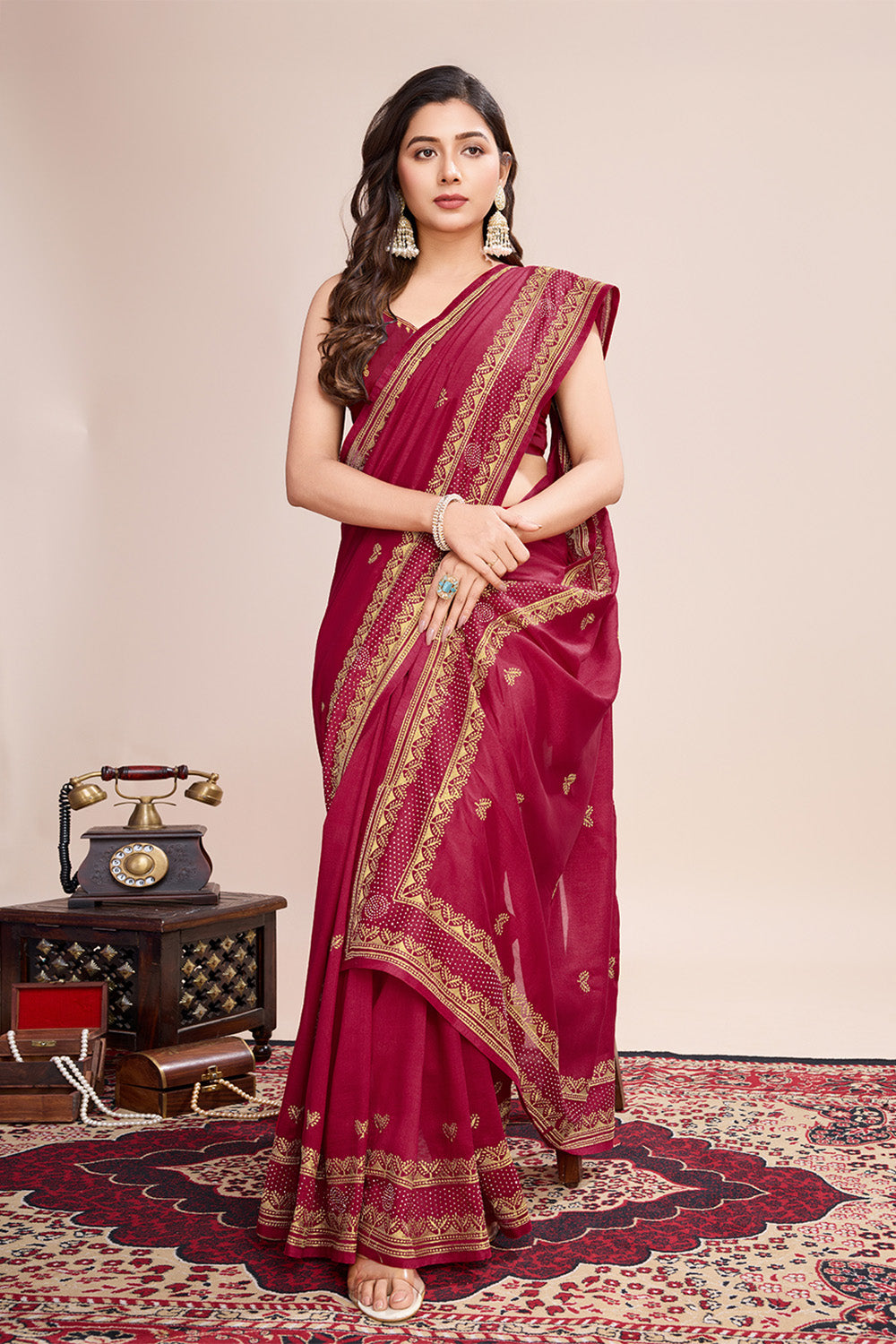 Red Saree In Soft Pastel Color With Floral Embroidery