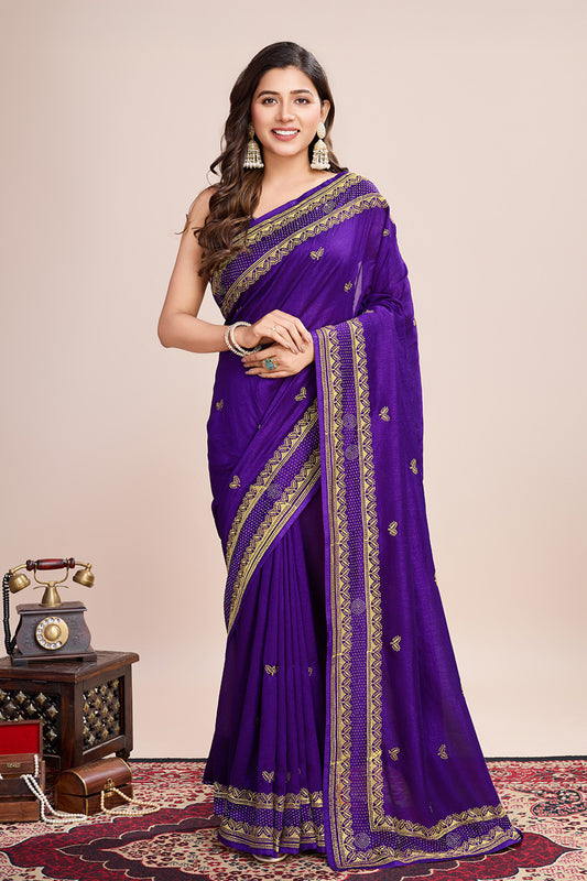 Wine Saree In Soft Pastel Color With Floral Embroidery
