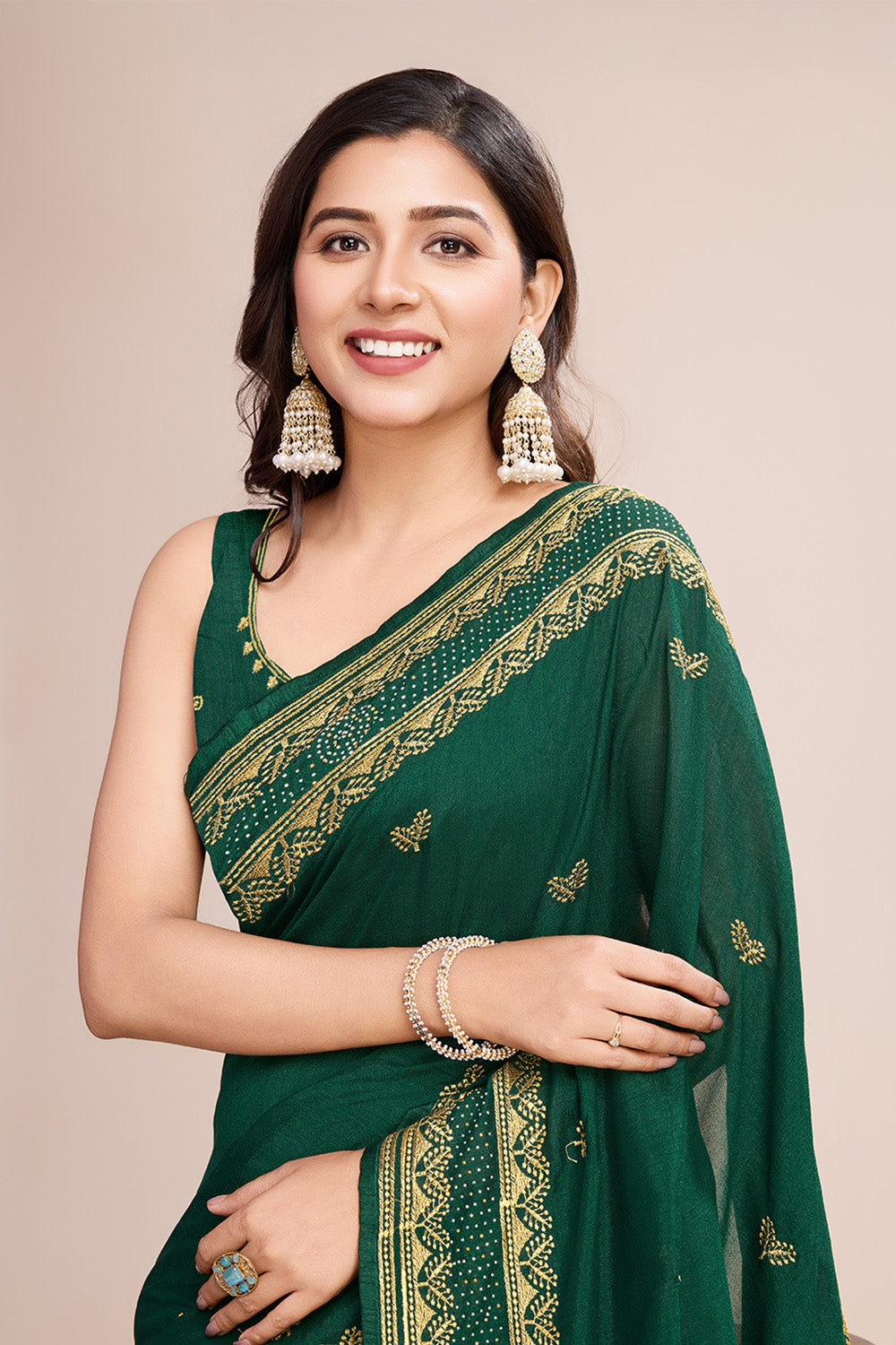 Green Saree In Soft Pastel Color With Floral Embroidery