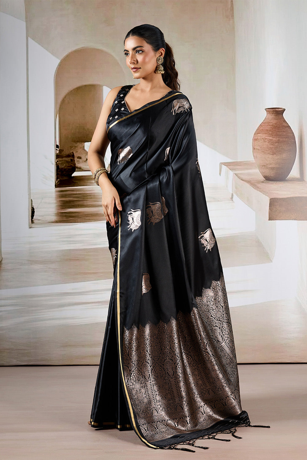 Black Cow Motif Satin Weave Saree With Blouse