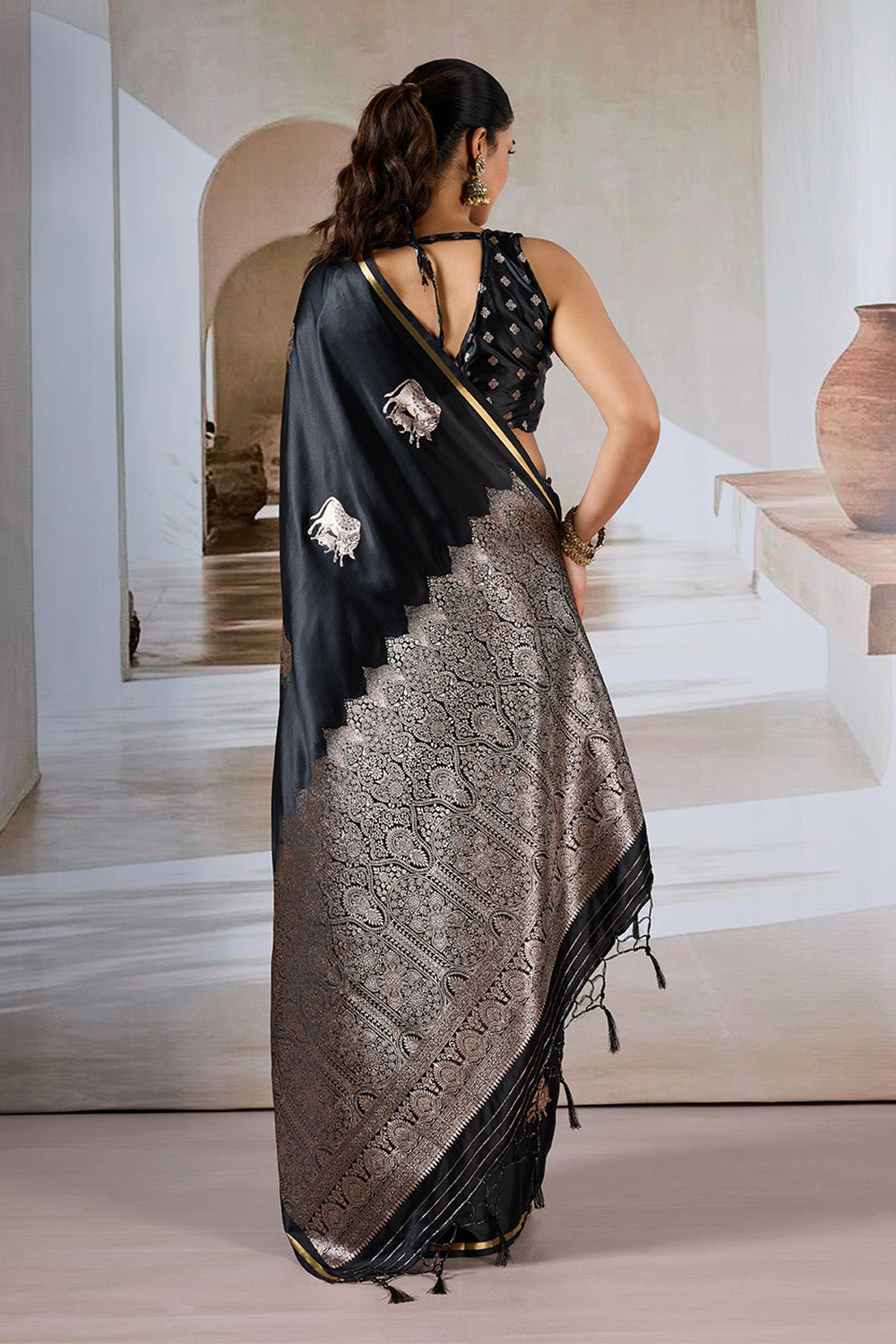 Black Cow Motif Satin Weave Saree With Blouse