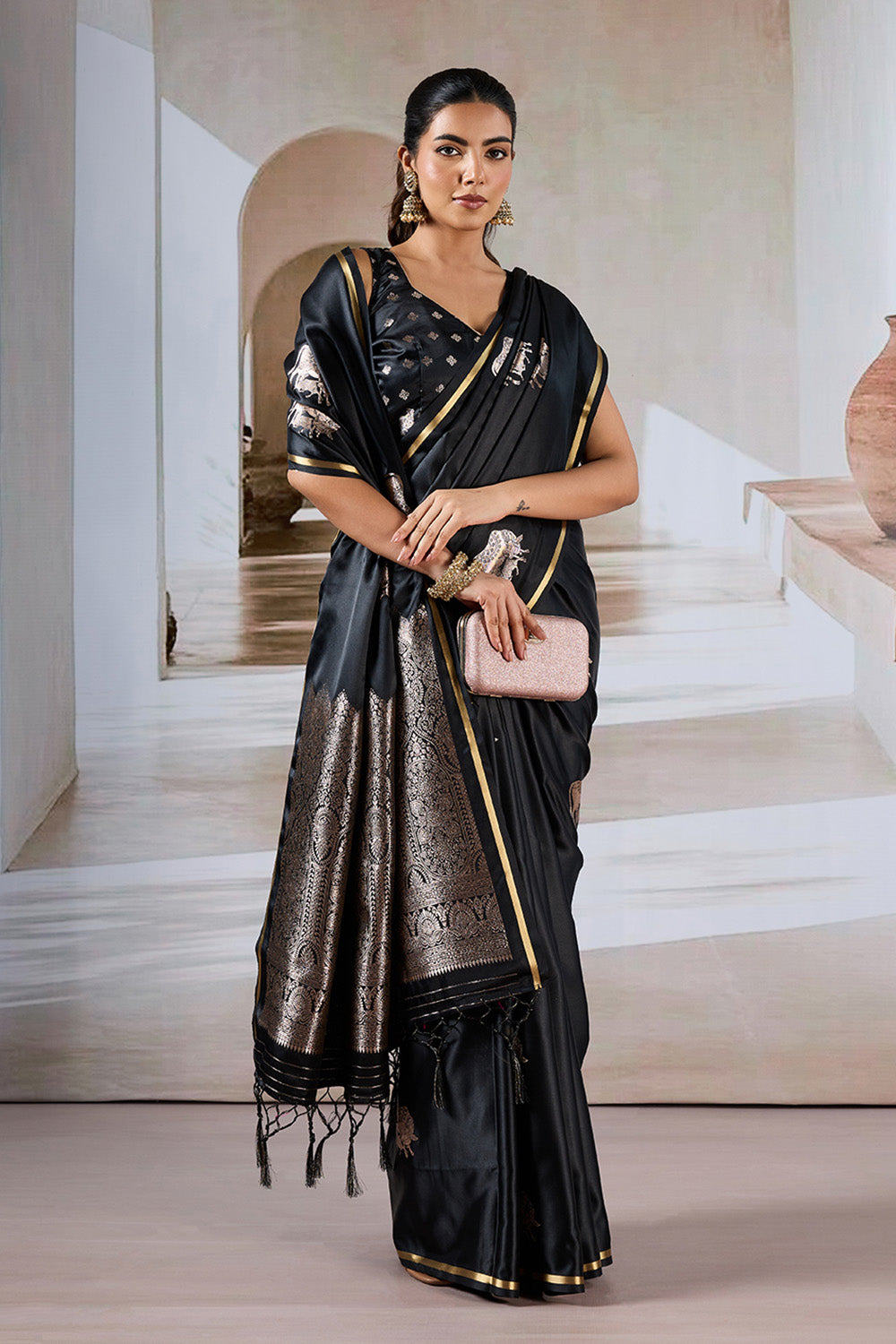 Black Cow Motif Satin Weave Saree With Blouse