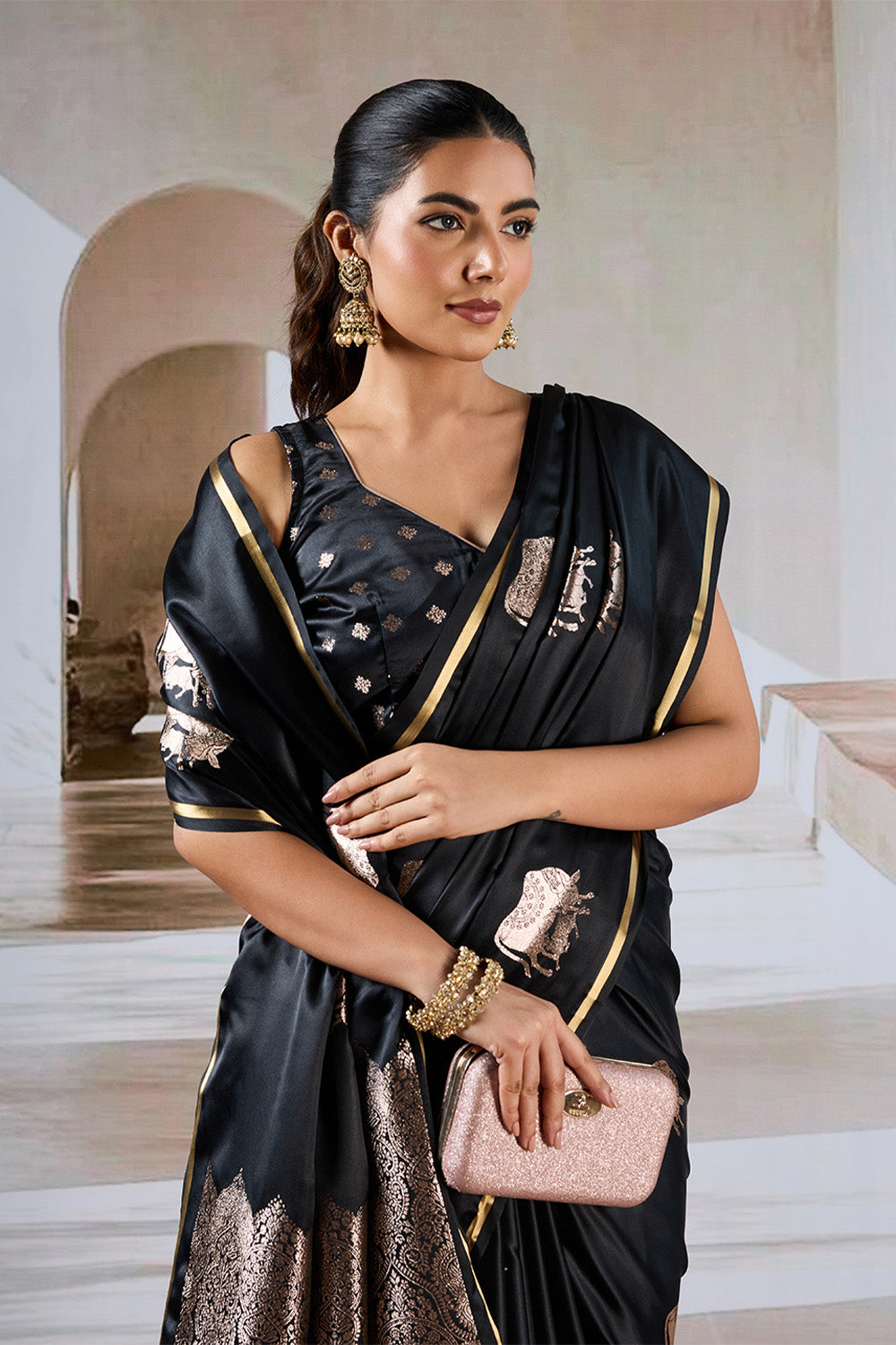 Black Cow Motif Satin Weave Saree With Blouse
