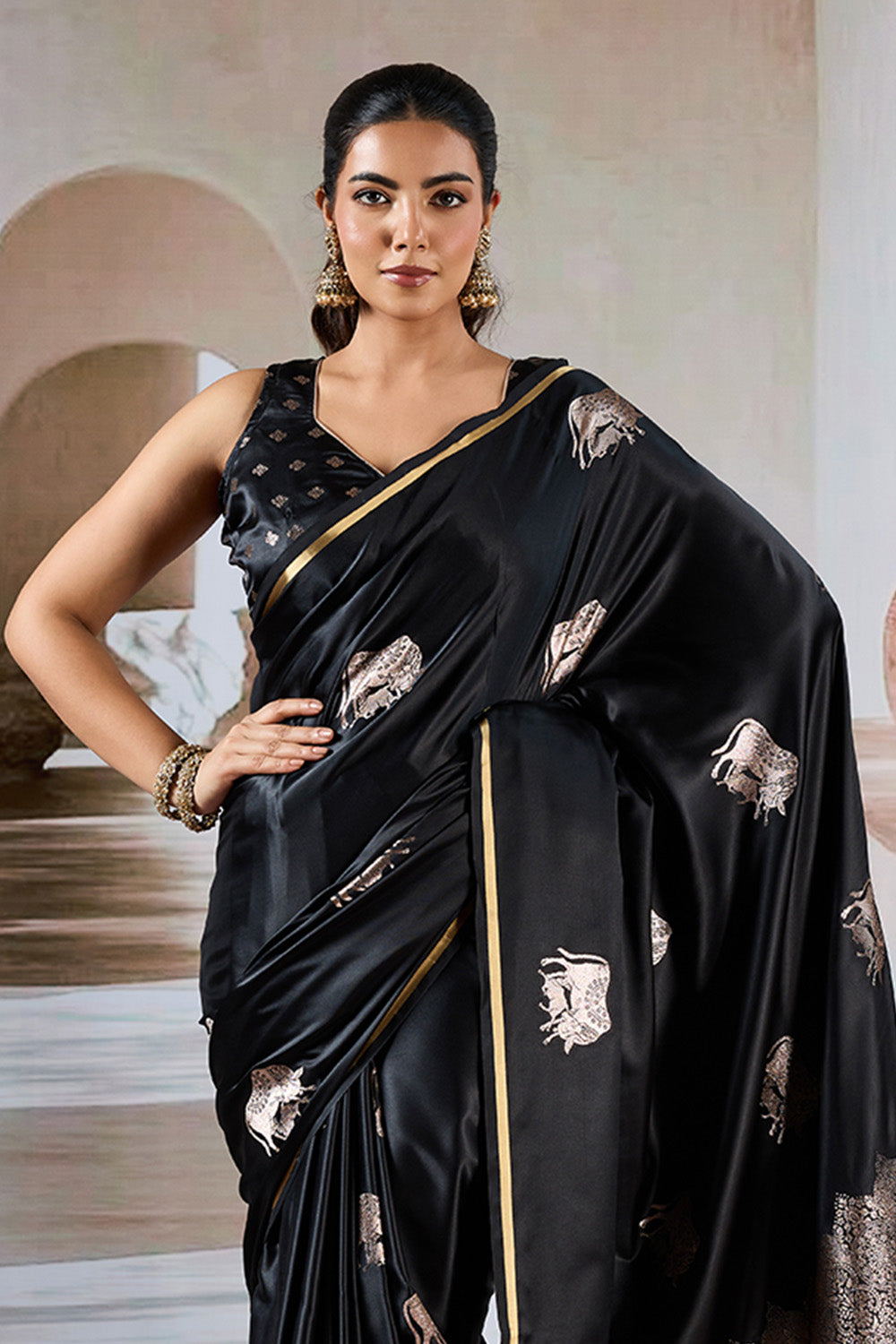 Black Cow Motif Satin Weave Saree With Blouse
