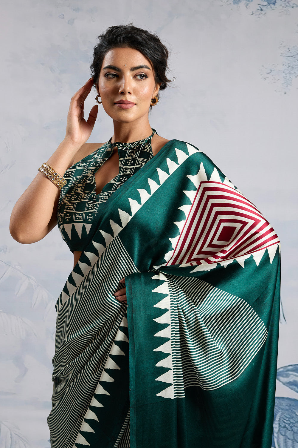 Green Modal Satin Ajrakh Print Sarees With Blouse