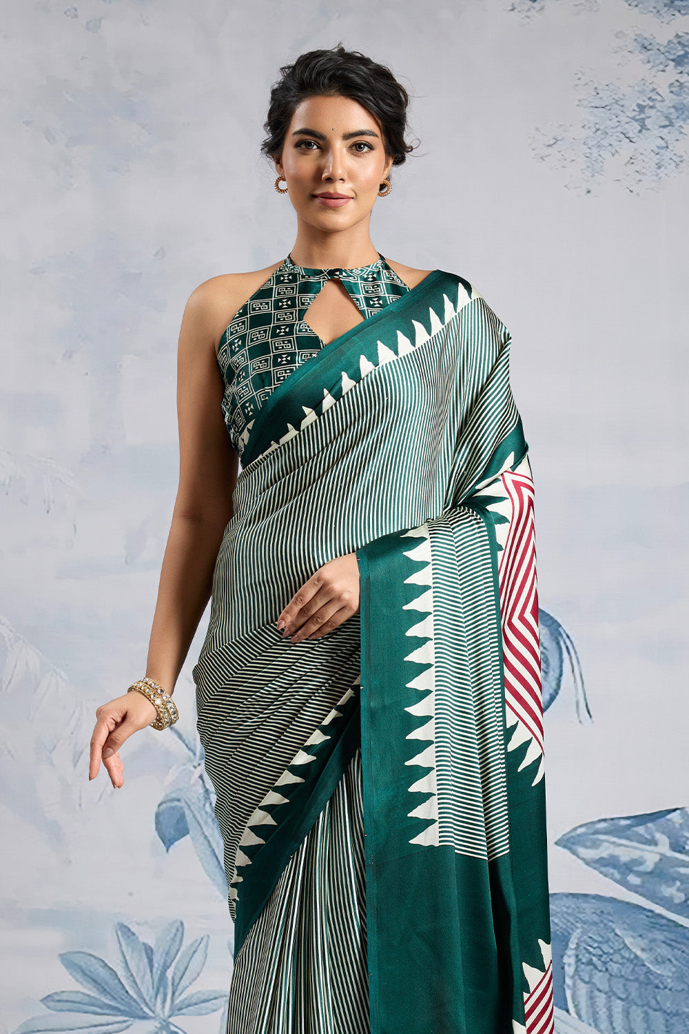 Green Modal Satin Ajrakh Print Sarees With Blouse