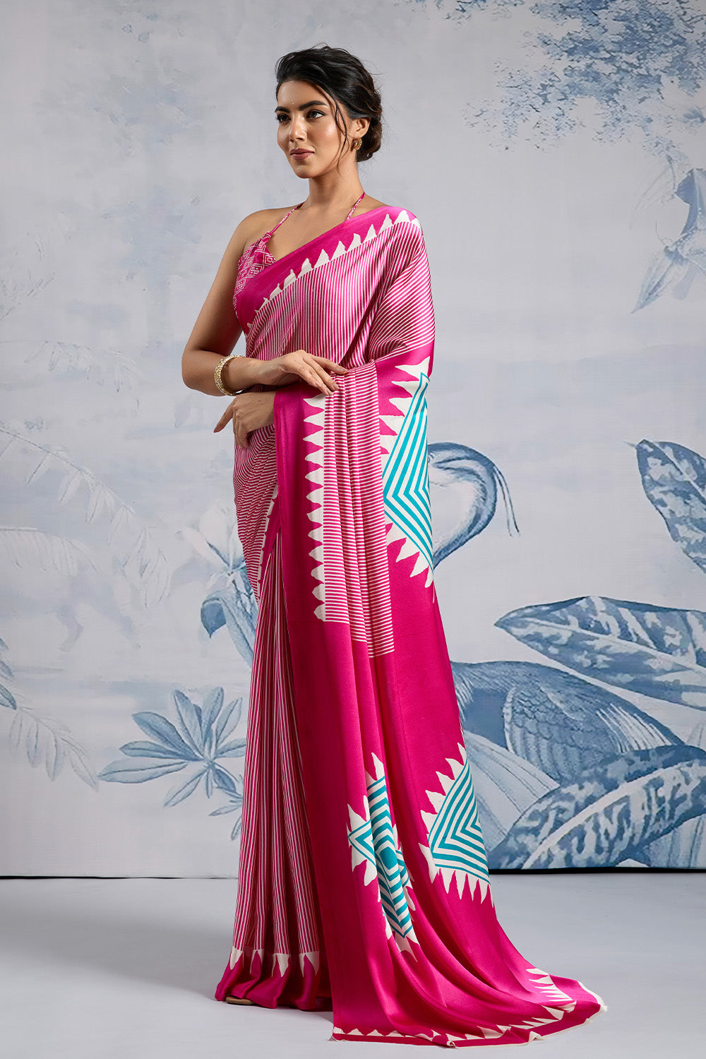 Pink Modal Satin Ajrakh Print Sarees With Blouse