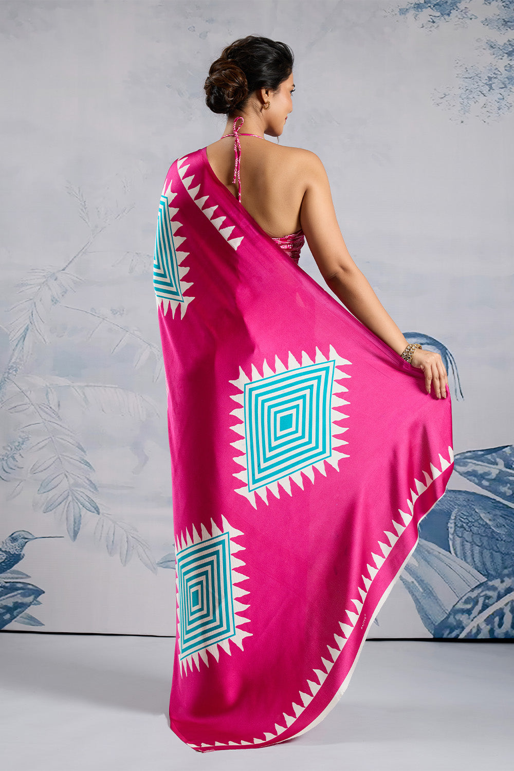 Pink Modal Satin Ajrakh Print Sarees With Blouse