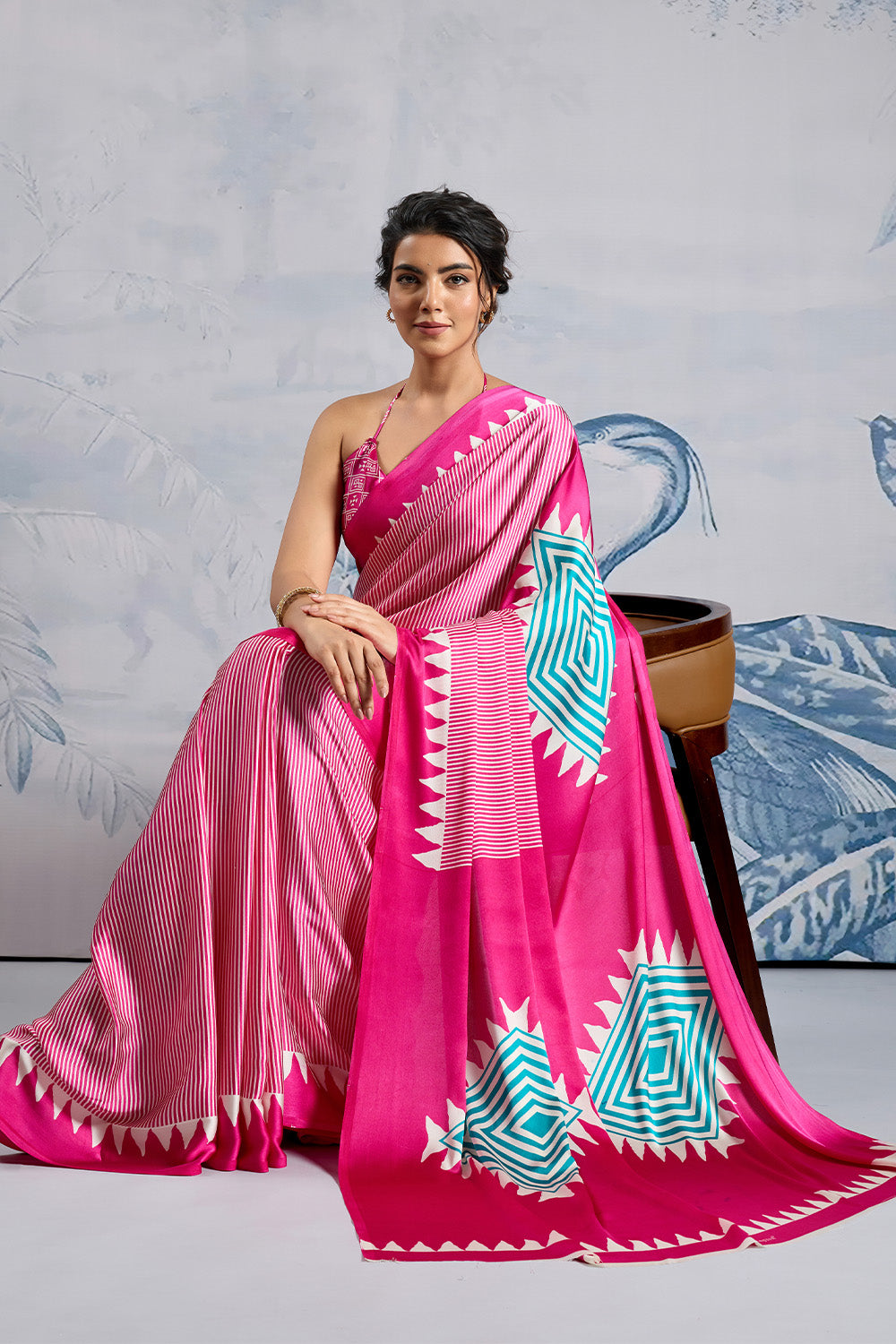Pink Modal Satin Ajrakh Print Sarees With Blouse