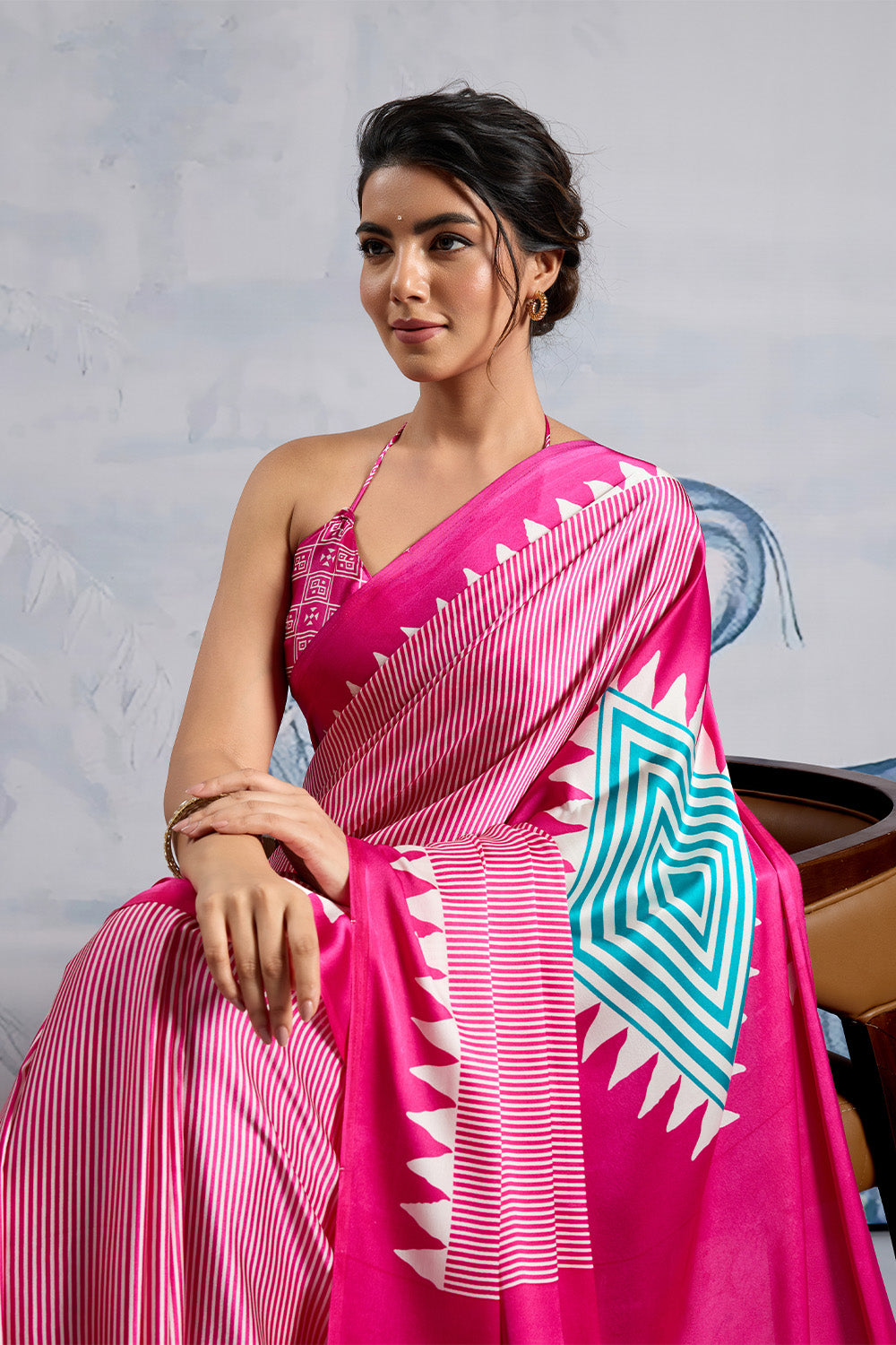 Pink Modal Satin Ajrakh Print Sarees With Blouse