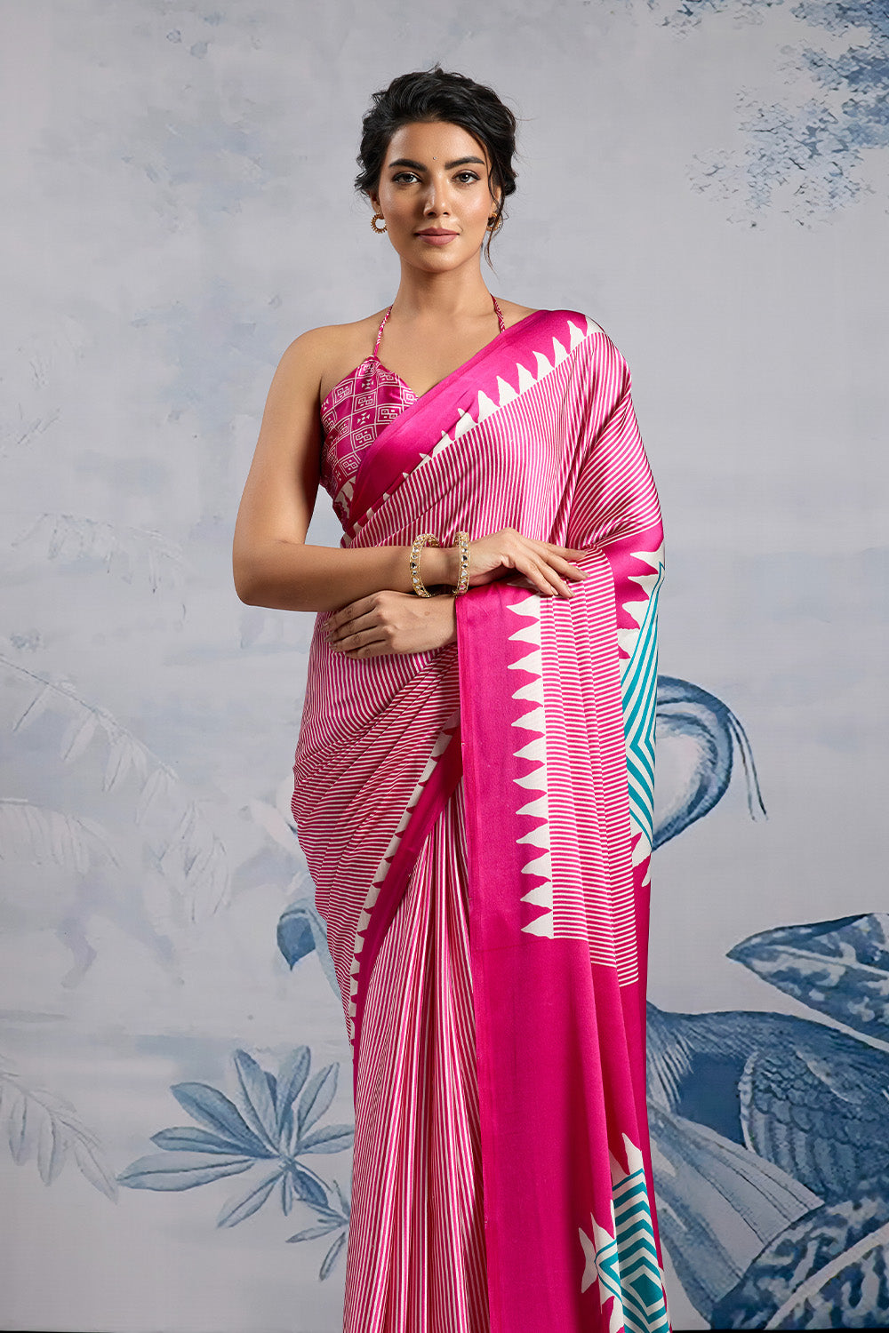 Pink Modal Satin Ajrakh Print Sarees With Blouse