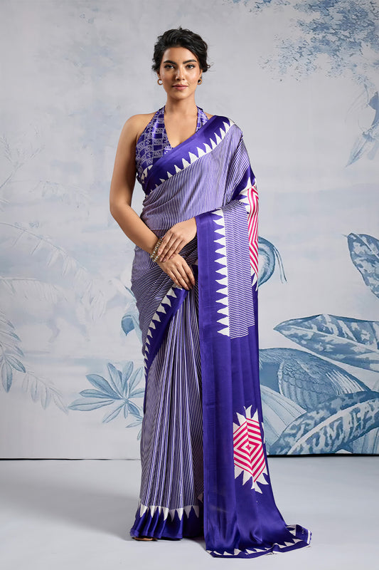 Purple Modal Satin Ajrakh Print Sarees With Blouse