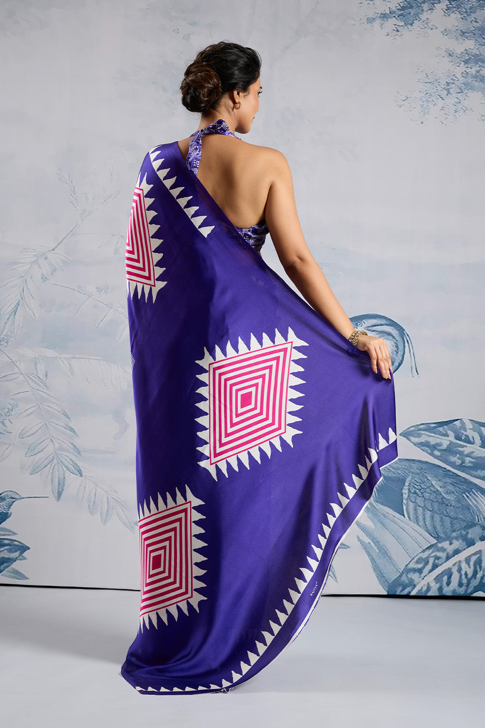 Purple Modal Satin Ajrakh Print Sarees With Blouse