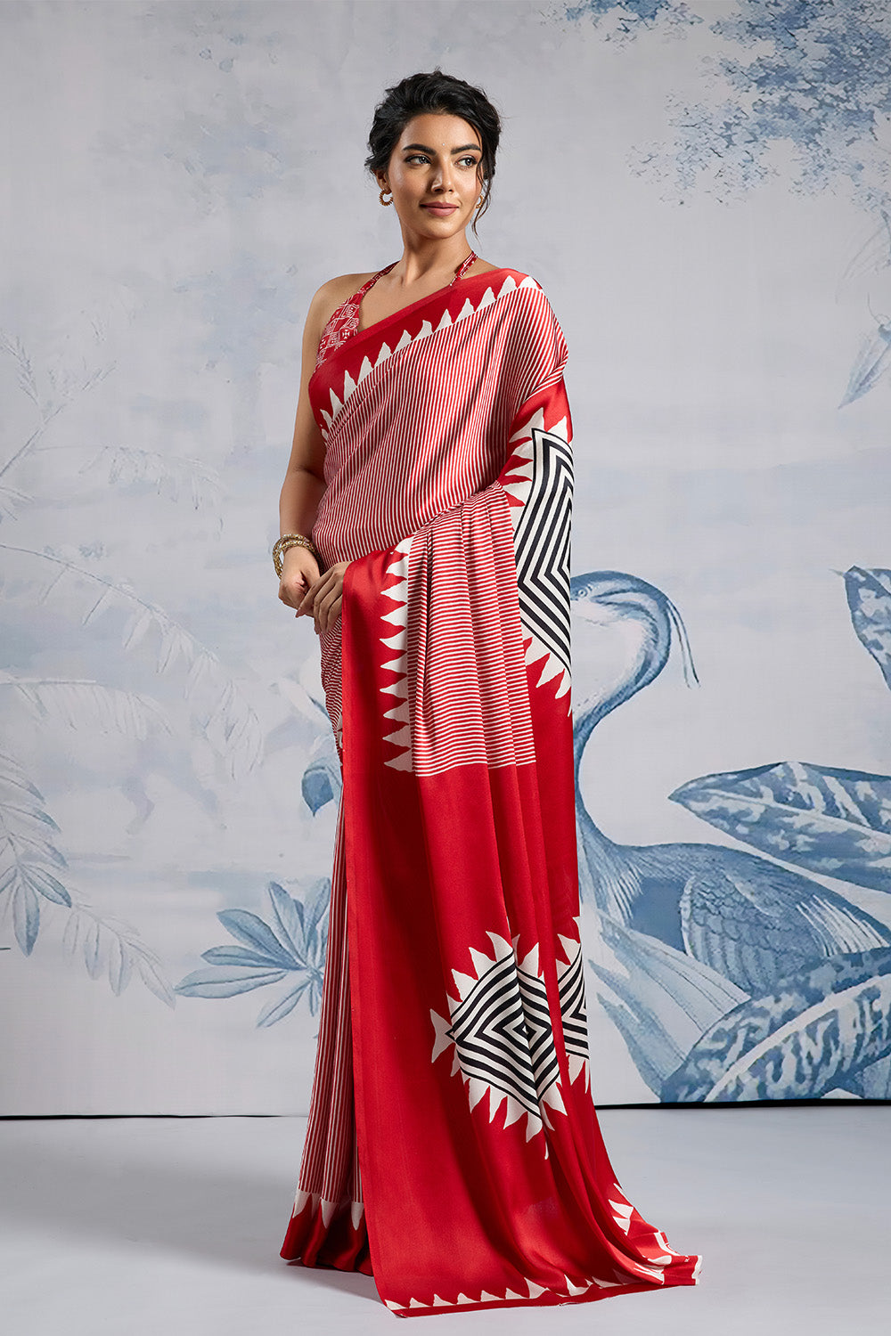 Red Modal Satin Ajrakh Print Sarees With Blouse