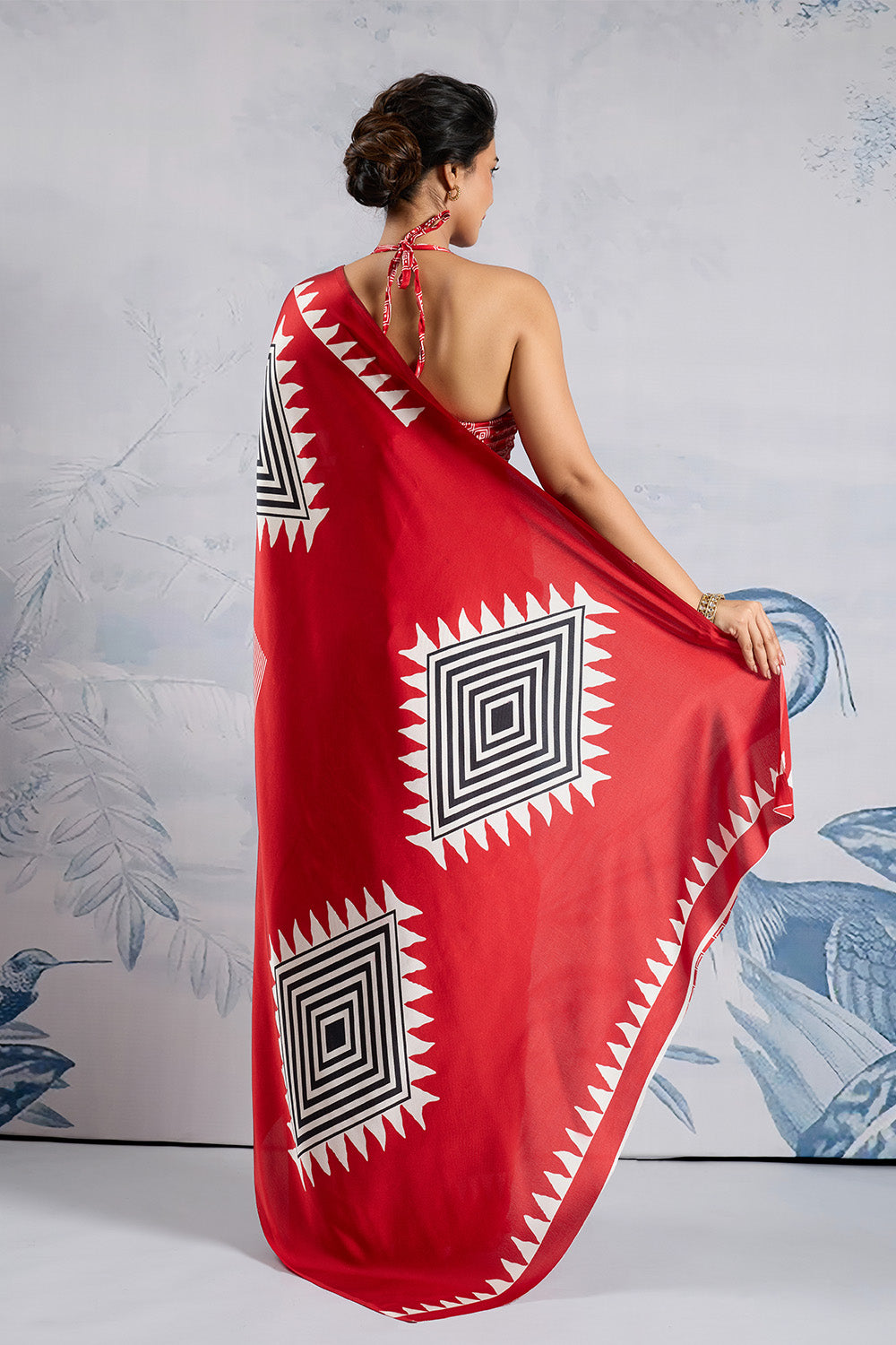 Red Modal Satin Ajrakh Print Sarees With Blouse