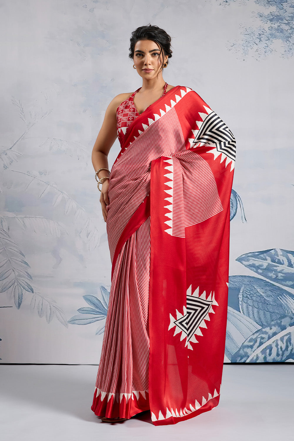 Red Modal Satin Ajrakh Print Sarees With Blouse