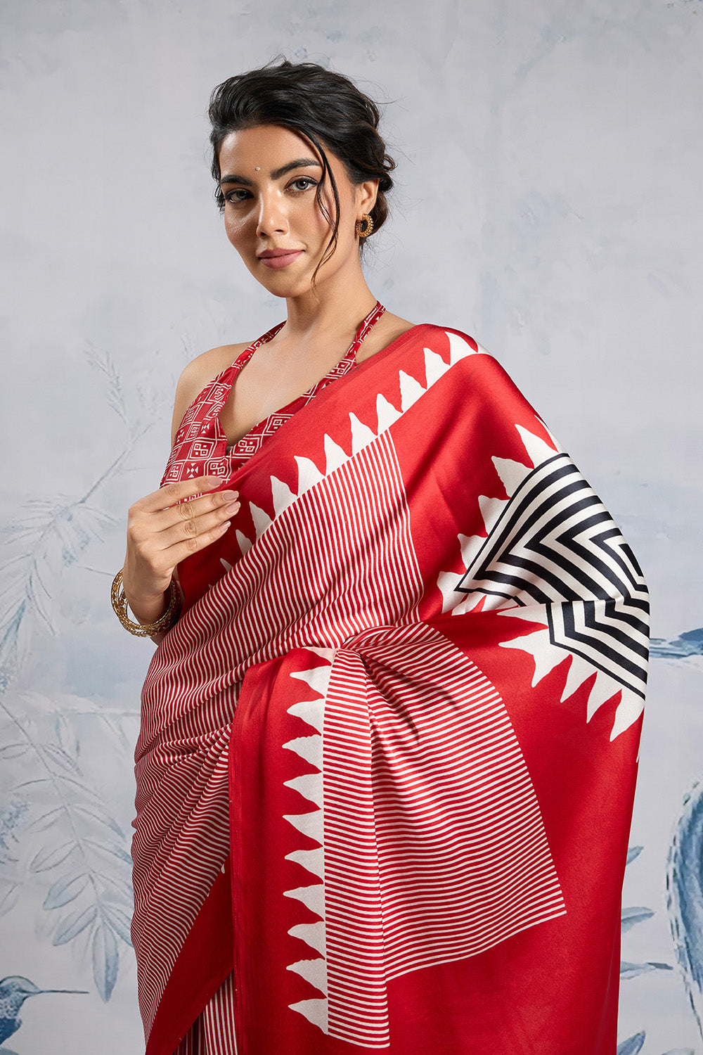 Red Modal Satin Ajrakh Print Sarees With Blouse