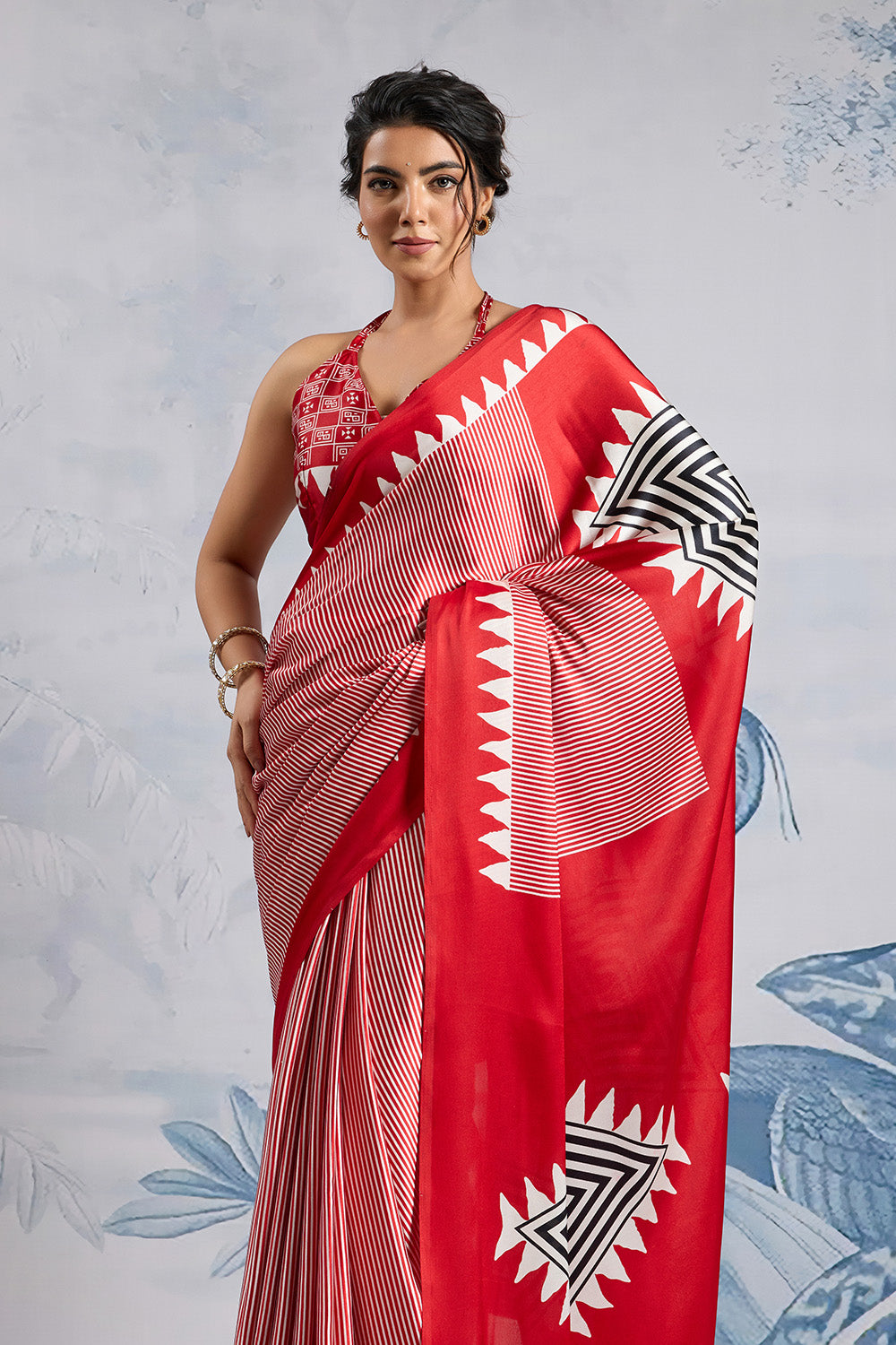 Red Modal Satin Ajrakh Print Sarees With Blouse