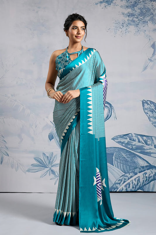 Teal Green Modal Satin Ajrakh Print Sarees With Blouse