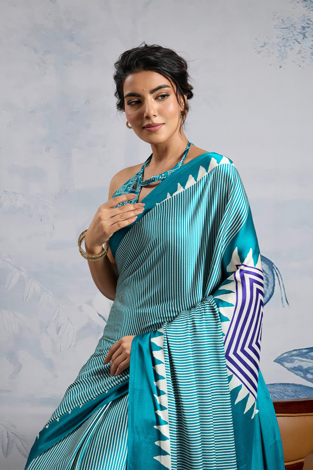 Teal Green Modal Satin Ajrakh Print Sarees With Blouse