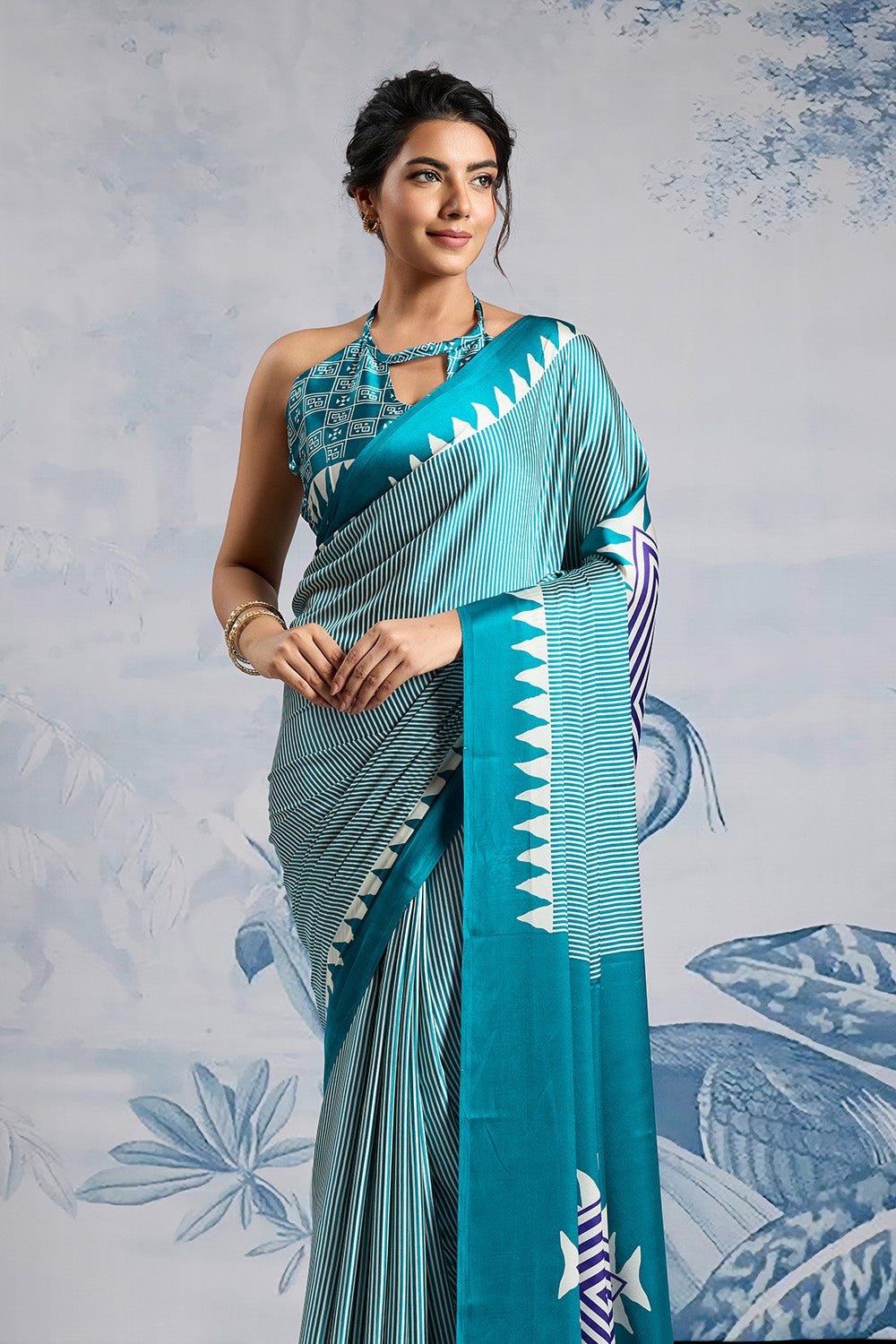 Teal Green Modal Satin Ajrakh Print Sarees With Blouse