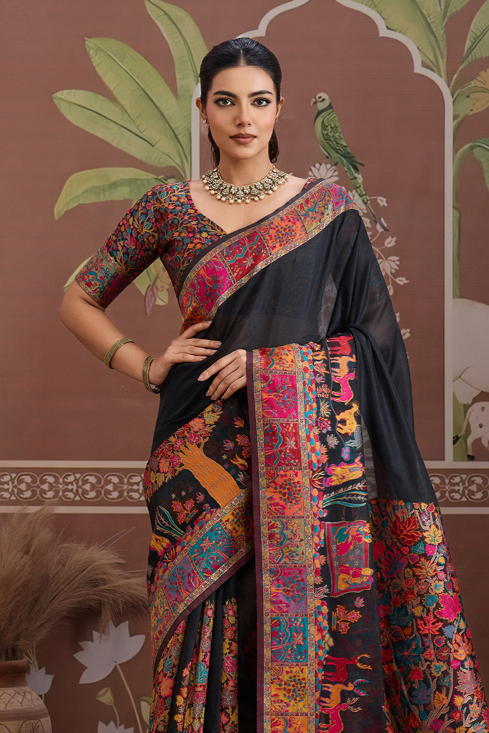 Black Pashmani Design Saree With Blouse