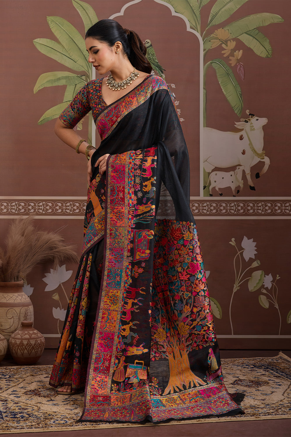 Black Pashmani Design Saree With Blouse