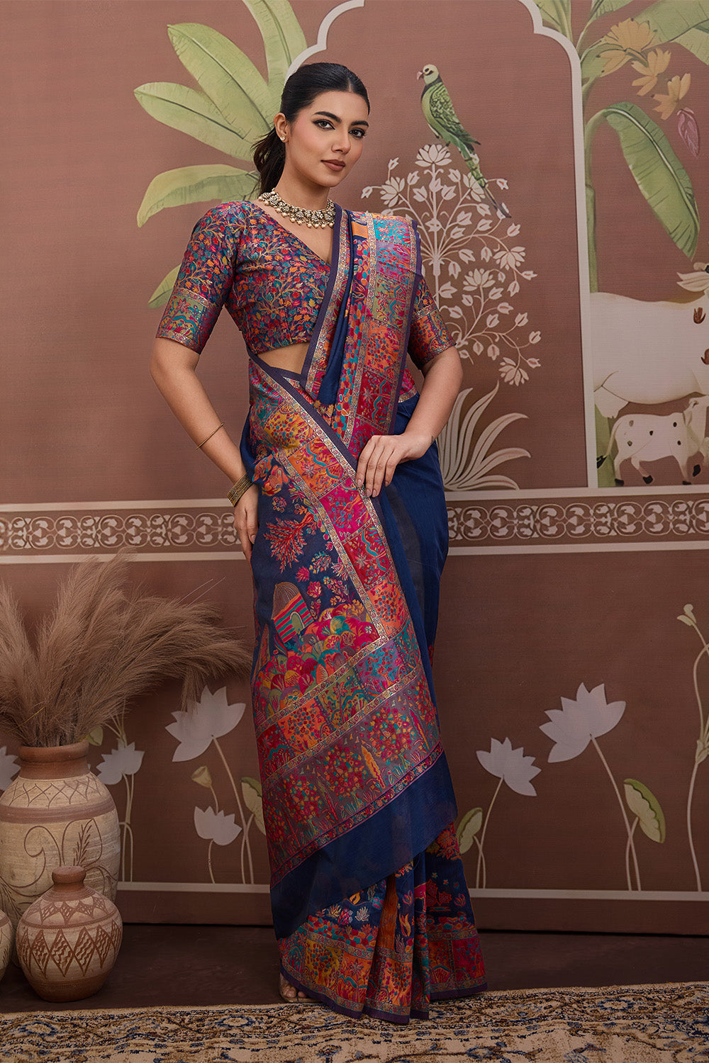 Navy Blue Pashmani Design Saree With Blouse