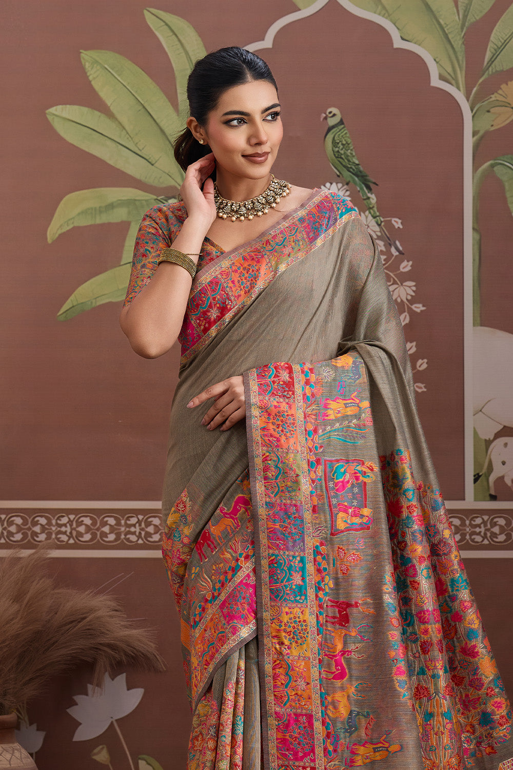 Brown Pashmani Design Saree With Blouse